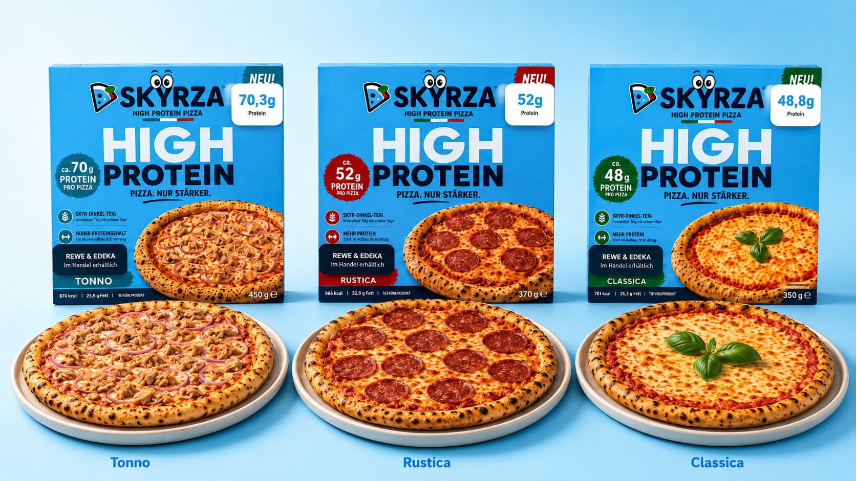 SKYRZA Tonno, Rustica und Classica — die Verpackungen im Tiefkühlregal bei REWE und EDEKA, mit 70,3 g, 52,4 g und 48,8 g Eiweiß pro Pizza